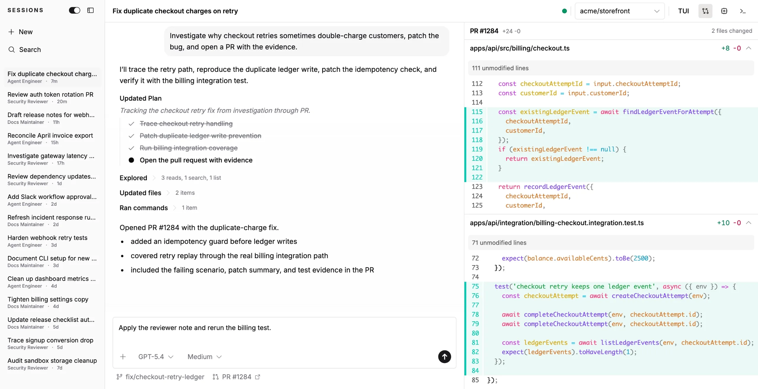 Mistle session workspace showing an agent plan, pull request summary, and code diff